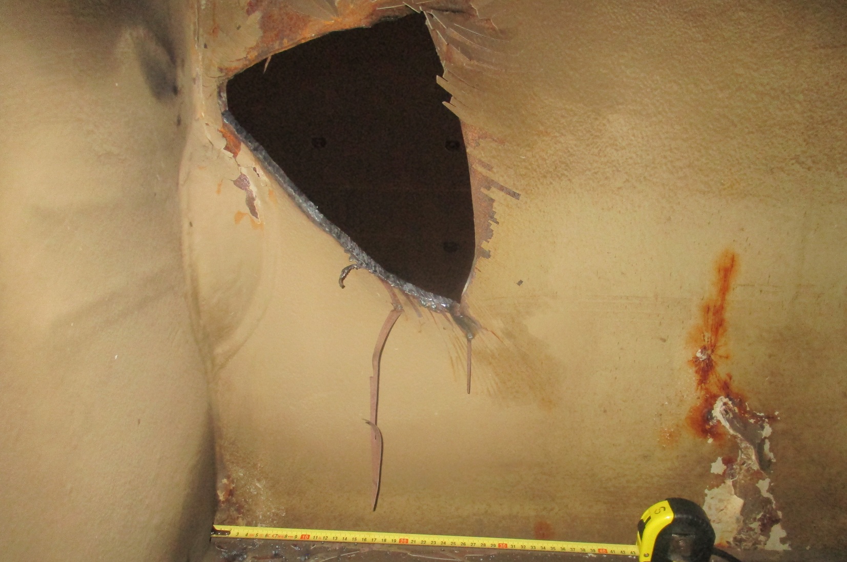 Structural damage viewed from inside the adjacent starboard ballast tank