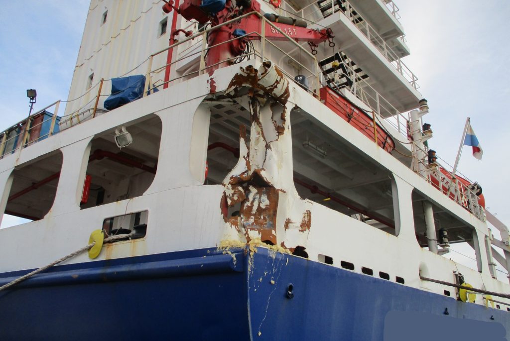 Collision damage inspected during marine casualty investigation